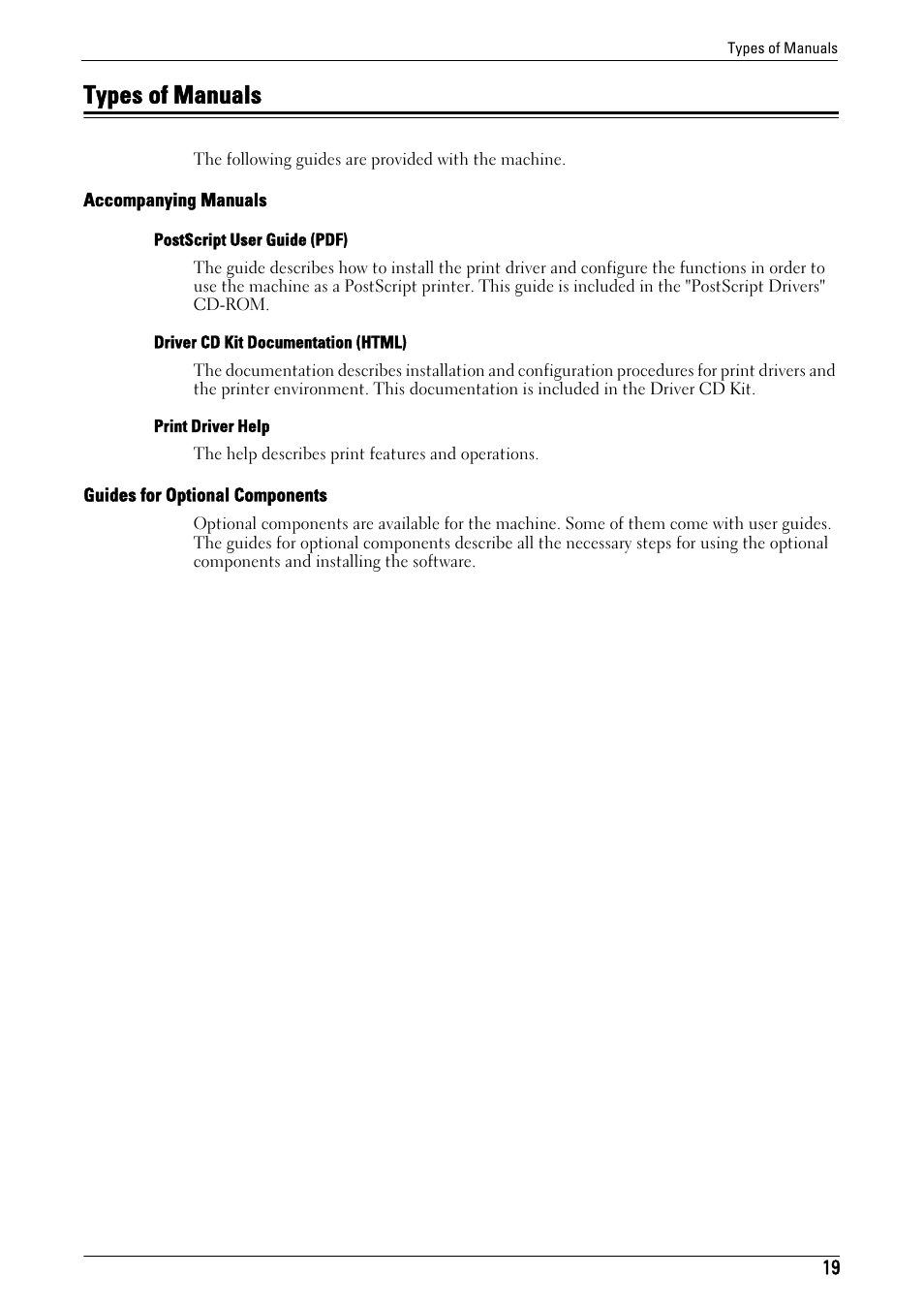 Types of manuals | Dell C7765DN MFP Color Laser Printer User Manual | Page 19 / 831
