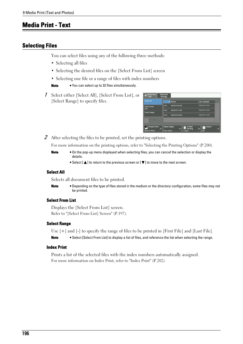 Media print - text, Selecting files | Dell C7765DN MFP Color Laser Printer User Manual | Page 196 / 831
