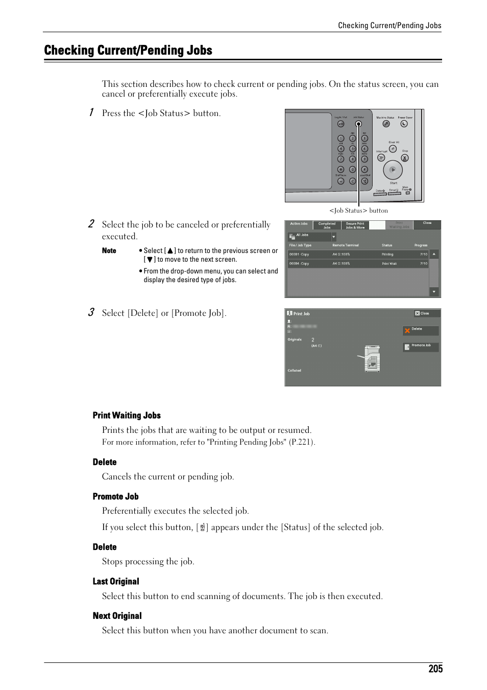 Checking current/pending jobs, R to "checking current/pending jobs" (p.205) | Dell C7765DN MFP Color Laser Printer User Manual | Page 205 / 831