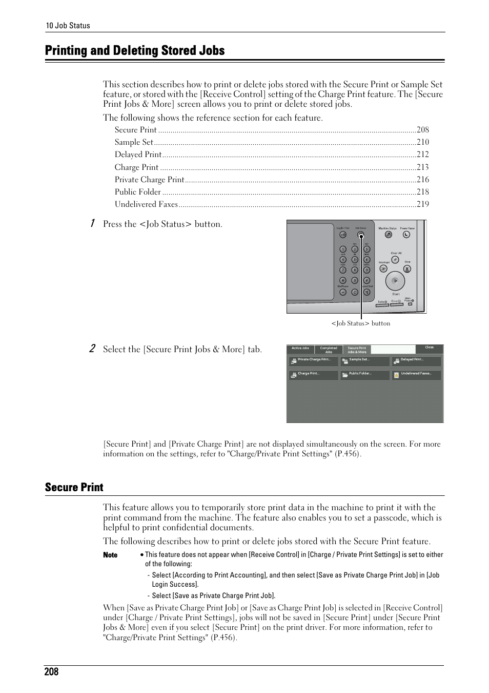 Printing and deleting stored jobs, Secure print, R to "printing and deleting stored jobs" (p.208) | Dell C7765DN MFP Color Laser Printer User Manual | Page 208 / 831