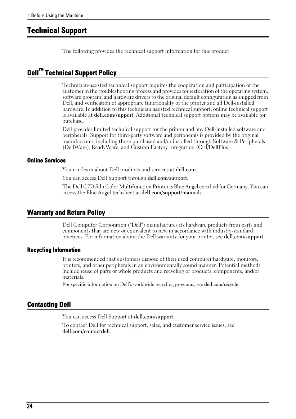 Technical support, Dell™ technical support policy, Warranty and return policy | Contacting dell, Dell, Technical support policy | Dell C7765DN MFP Color Laser Printer User Manual | Page 24 / 831