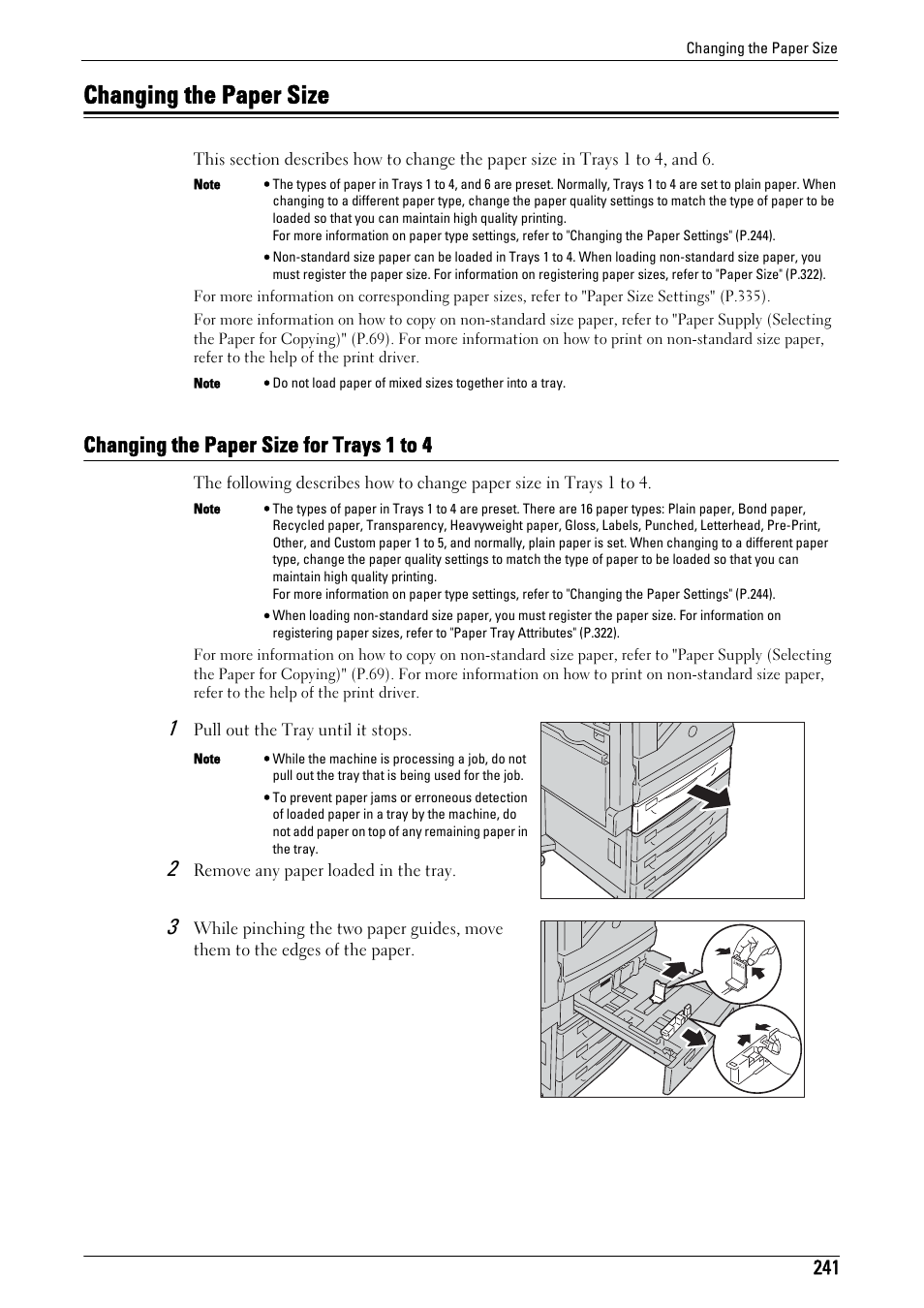 Changing the paper size, Changing the paper size for trays 1 to 4, Ion, refer to "changing the paper size for | Trays 1 to 4" (p.241) | Dell C7765DN MFP Color Laser Printer User Manual | Page 241 / 831