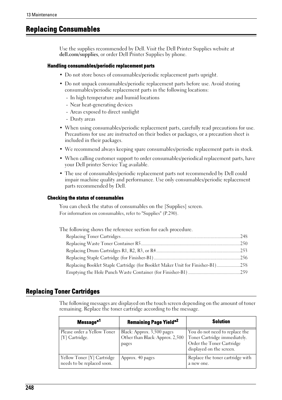 Replacing consumables, Replacing toner cartridges | Dell C7765DN MFP Color Laser Printer User Manual | Page 248 / 831