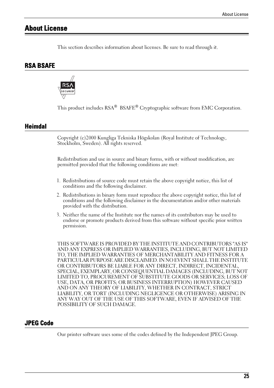 About license, Rsa bsafe, Heimdal | Jpeg code, Rsa bsafe heimdal jpeg code | Dell C7765DN MFP Color Laser Printer User Manual | Page 25 / 831