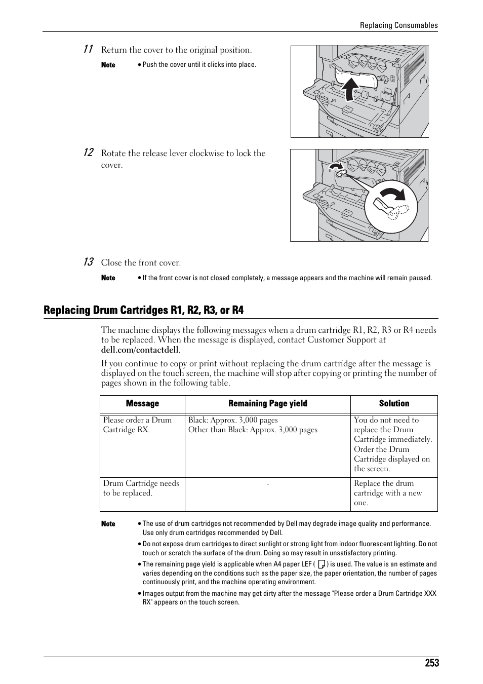 Replacing drum cartridges r1, r2, r3, or r4 | Dell C7765DN MFP Color Laser Printer User Manual | Page 253 / 831