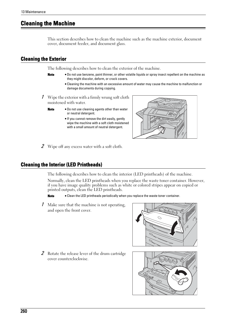 Cleaning the machine, Cleaning the exterior, Cleaning the interior (led printheads) | Dell C7765DN MFP Color Laser Printer User Manual | Page 260 / 831