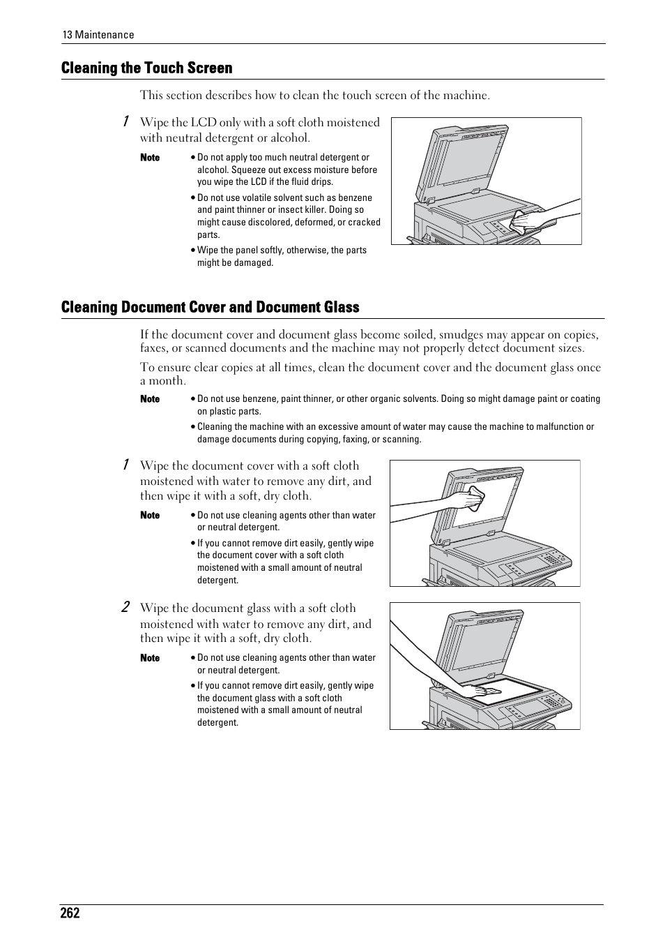 Cleaning the touch screen, Cleaning document cover and document glass | Dell C7765DN MFP Color Laser Printer User Manual | Page 262 / 831