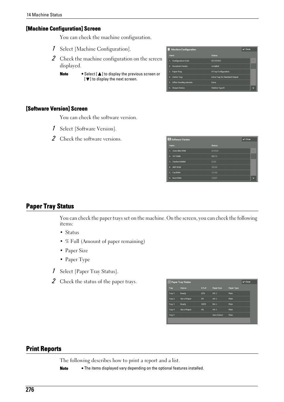 Paper tray status, Print reports, Paper tray status print reports | To "[machine configuration] screen" (p.276), To "[software version] screen" (p.276) | Dell C7765DN MFP Color Laser Printer User Manual | Page 276 / 831