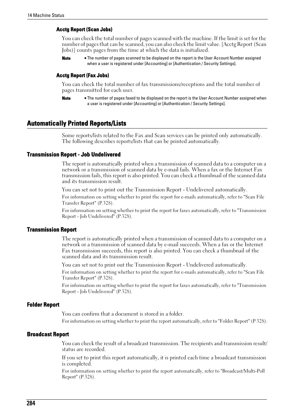 Automatically printed reports/lists, To "transmission report, Job undelivered" (p.284) | Dell C7765DN MFP Color Laser Printer User Manual | Page 284 / 831
