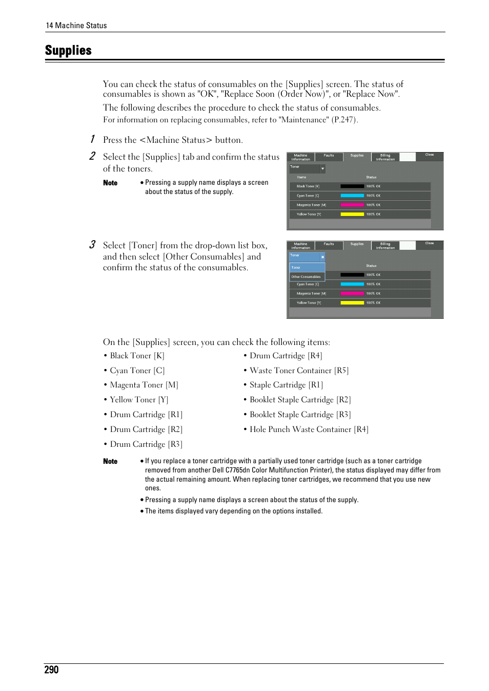 Supplies, Refer to "supplies" (p.290), Ion, refer to "supplies" (p.290) | Dell C7765DN MFP Color Laser Printer User Manual | Page 290 / 831