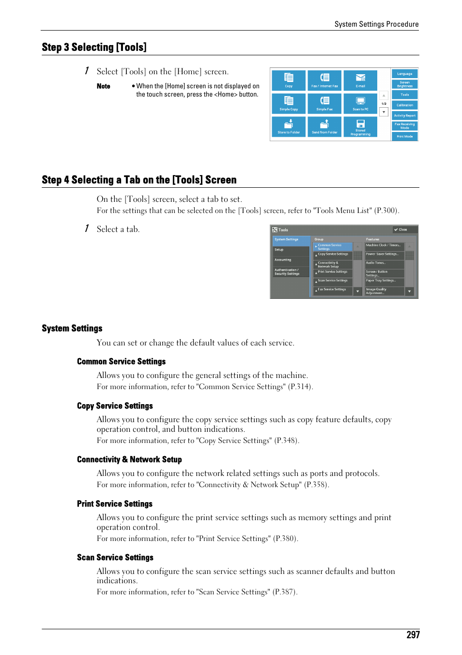 Step 3 selecting [tools, Step 4 selecting a tab on the [tools] screen | Dell C7765DN MFP Color Laser Printer User Manual | Page 297 / 831