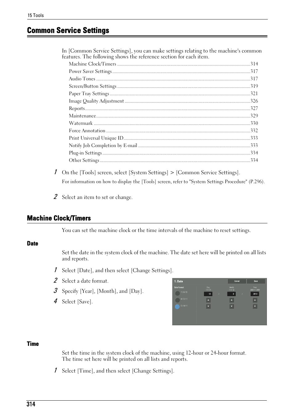 Common service settings, Machine clock/timers, Common service settings" (p.314) | Machine clock/timers" (p.314), Date" (p.314), Time" (p.314) | Dell C7765DN MFP Color Laser Printer User Manual | Page 314 / 831