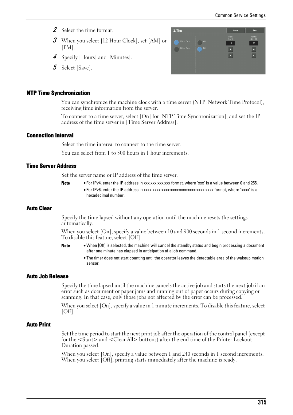 To "auto job release" (p.315), Ntp time synchronization" (p.315), Connection interval" (p.315) | Time server address" (p.315), Auto clear" (p.315), Auto job release" (p.315), Auto print" (p.315) | Dell C7765DN MFP Color Laser Printer User Manual | Page 315 / 831