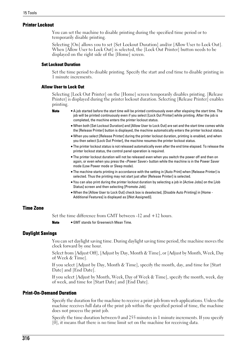 Printer lockout" (p.316), Time zone" (p.316), Daylight savings" (p.316) | Print-on-demand duration" (p.316) | Dell C7765DN MFP Color Laser Printer User Manual | Page 316 / 831