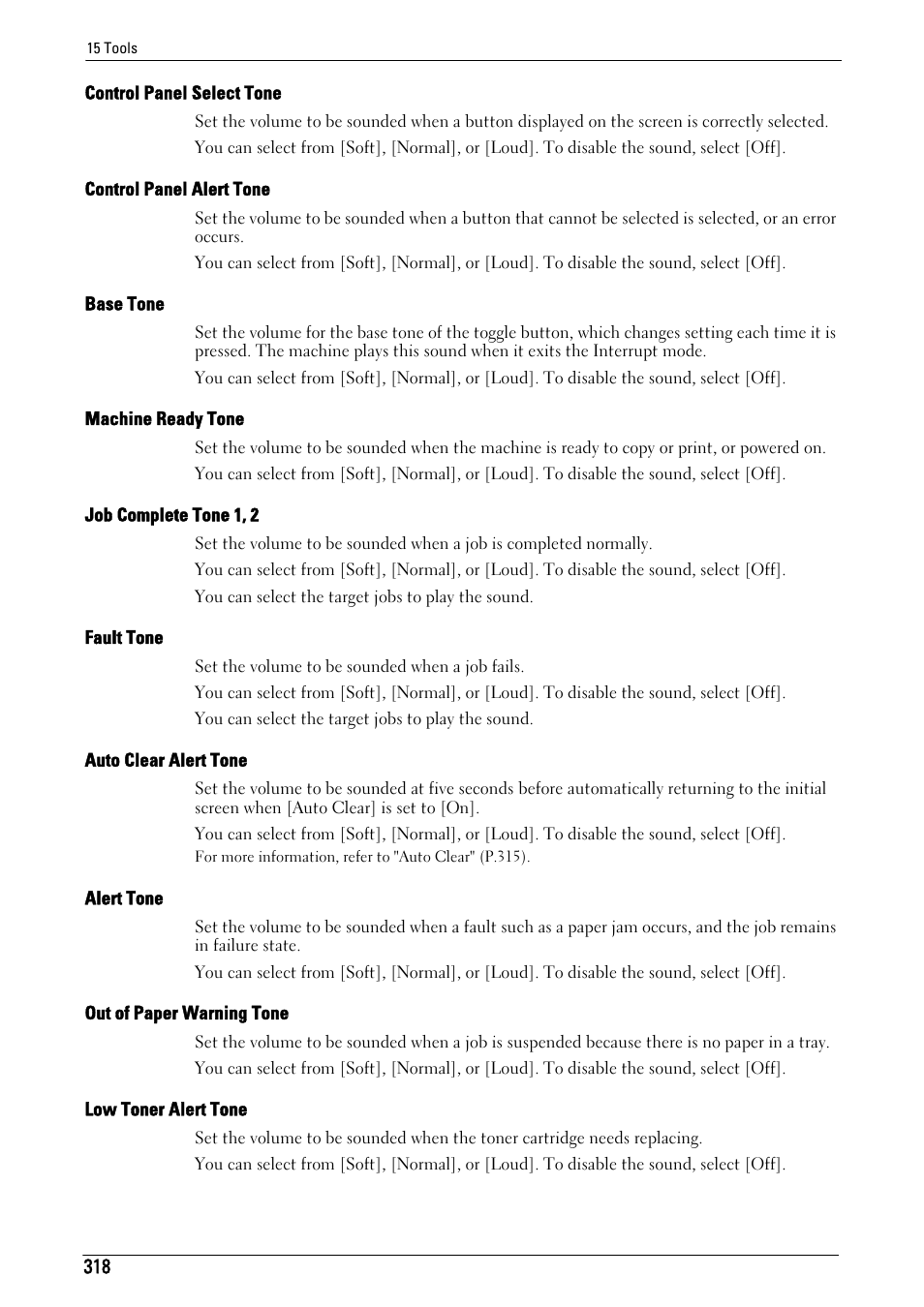 Control panel select tone" (p.318), Control panel alert tone" (p.318), Base tone" (p.318) | Machine ready tone" (p.318), Job complete tone 1, 2" (p.318), Fault tone" (p.318), Auto clear alert tone" (p.318), Alert tone" (p.318), Out of paper warning tone" (p.318), Low toner alert tone" (p.318) | Dell C7765DN MFP Color Laser Printer User Manual | Page 318 / 831