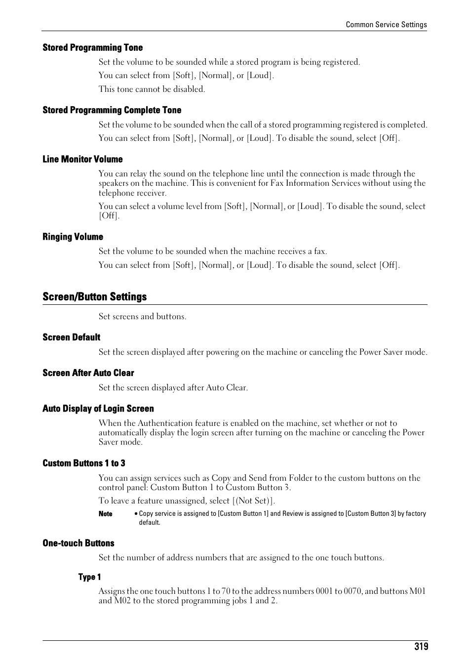 Screen/button settings, Screen/button settings" (p.319), Stored programming tone" (p.319) | Stored programming complete tone" (p.319), Line monitor volume" (p.319), Ringing volume" (p.319), Screen default" (p.319), Screen after auto clear" (p.319), Auto display of login screen" (p.319), Custom buttons 1 to 3" (p.319) | Dell C7765DN MFP Color Laser Printer User Manual | Page 319 / 831