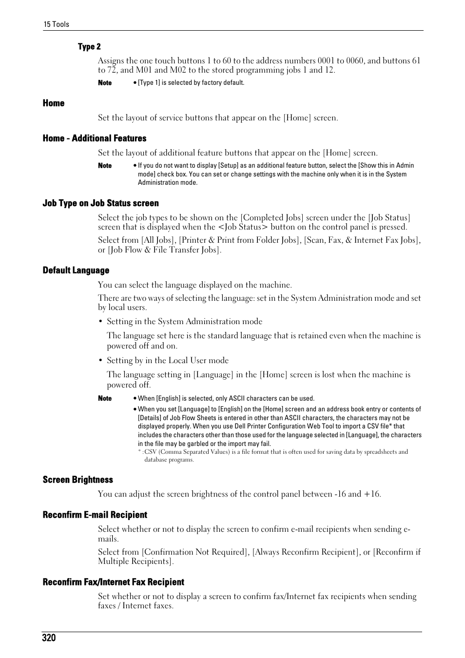 To "default language" (p.320), Home" (p.320), Home - additional features" (p.320) | Job type on job status screen" (p.320), Default language" (p.320), Screen brightness" (p.320), Reconfirm e-mail recipient" (p.320), Reconfirm fax/internet fax recipient" (p.320) | Dell C7765DN MFP Color Laser Printer User Manual | Page 320 / 831
