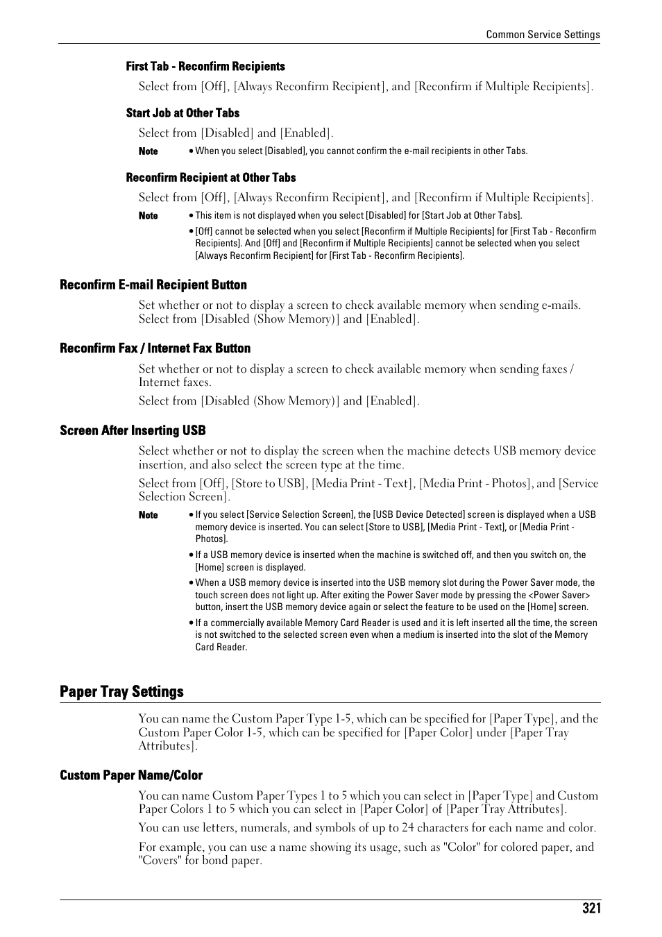 Paper tray settings, R to "paper tray settings" (p.321). yo, Reconfirm e-mail recipient button" (p.321) | Reconfirm fax / internet fax button" (p.321), Screen after inserting usb" (p.321), Paper tray settings" (p.321), Custom paper name/color" (p.321) | Dell C7765DN MFP Color Laser Printer User Manual | Page 321 / 831