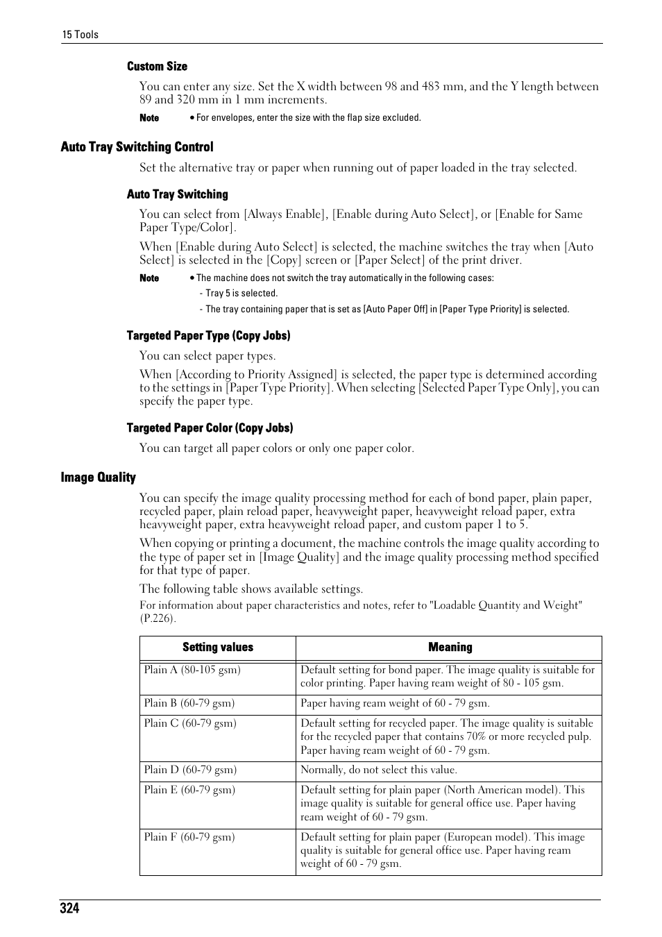Image quality" (p.324), Auto tray switching control" (p.324) | Dell C7765DN MFP Color Laser Printer User Manual | Page 324 / 831