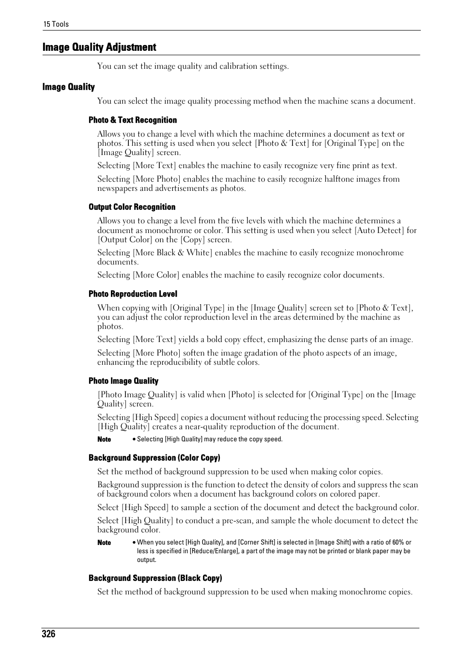 Image quality adjustment, Refer to "output color recognition" (p.326), Image quality adjustment" (p.326) | Image quality" (p.326) | Dell C7765DN MFP Color Laser Printer User Manual | Page 326 / 831