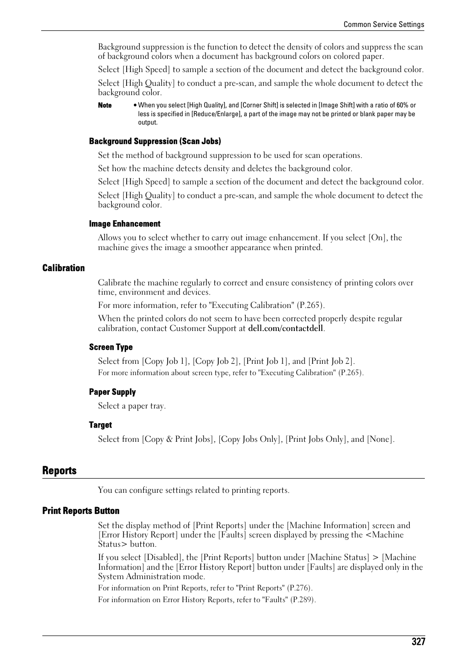 Reports, Calibration" (p.327), Reports" (p.327) | Print reports button" (p.327) | Dell C7765DN MFP Color Laser Printer User Manual | Page 327 / 831