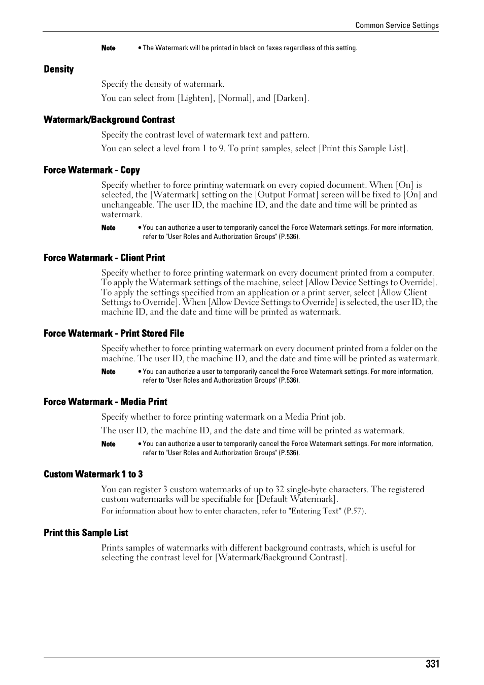 Density" (p.331), Watermark/background contrast" (p.331), Force watermark - copy" (p.331) | Force watermark - client print" (p.331), Force watermark - print stored file" (p.331), Force watermark - media print" (p.331), Custom watermark 1 to 3" (p.331), Print this sample list" (p.331), Fer to "custom watermark 1 to 3" (p.331) | Dell C7765DN MFP Color Laser Printer User Manual | Page 331 / 831