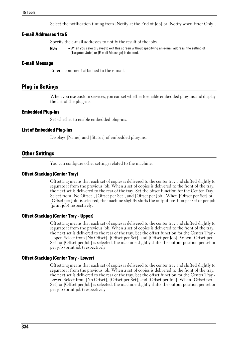 Plug-in settings, Other settings, Plug-in settings other settings | E-mail addresses 1 to 5" (p.334), E-mail message" (p.334), Plug-in settings" (p.334), Embedded plug-ins" (p.334), List of embedded plug-ins" (p.334), Other settings" (p.334), Offset stacking (center tray)" (p.334) | Dell C7765DN MFP Color Laser Printer User Manual | Page 334 / 831