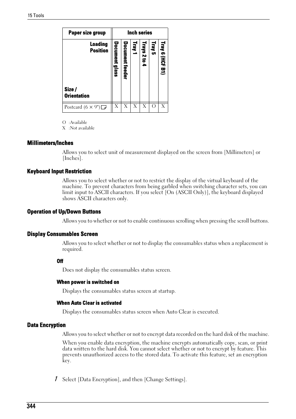 Millimeters/inches" (p.344), Keyboard input restriction" (p.344), Operation of up/down buttons" (p.344) | Display consumables screen" (p.344), Data encryption" (p.344) | Dell C7765DN MFP Color Laser Printer User Manual | Page 344 / 831