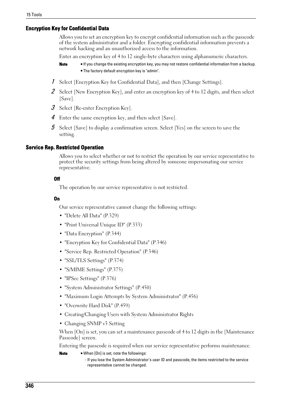 Encryption key for confidential data" (p.346), Service rep. restricted operation" (p.346) | Dell C7765DN MFP Color Laser Printer User Manual | Page 346 / 831