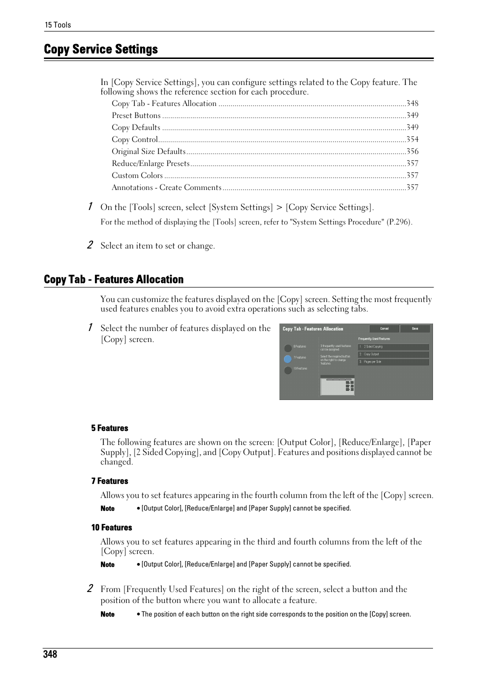 Copy service settings, Copy tab - features allocation, Refer to "copy tab - features allocation" (p.348) | Copy service settings" (p.348), Copy tab - features allocation" (p.348) | Dell C7765DN MFP Color Laser Printer User Manual | Page 348 / 831