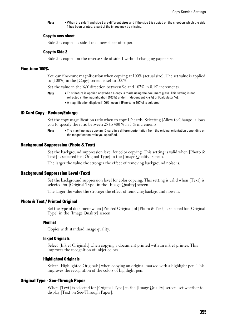 Fer to "id card copy - reduce/enlarge, P.355), Fine-tune 100%" (p.355) | Id card copy - reduce/enlarge" (p.355), Background suppression (photo & text)" (p.355), Background suppression level (text)" (p.355), Photo & text / printed original" (p.355), Original type - see-through paper" (p.355) | Dell C7765DN MFP Color Laser Printer User Manual | Page 355 / 831