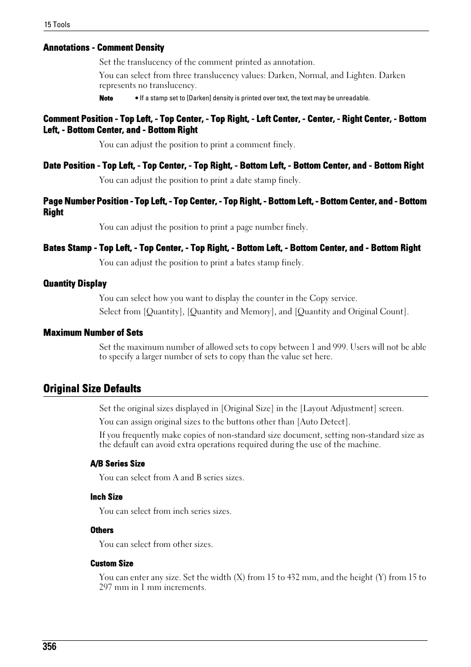 Original size defaults, Annotations - comment density" (p.356), Comment position - top left, - top center, - top | Right, - left center, - center, - right center, Bottom left, - bottom center, and - bottom right, P.356), Date position - top left, - top center, - top, Right, - bottom left, - bottom center, and, Bottom right" (p.356), Top right, - bottom left, - bottom center, and | Dell C7765DN MFP Color Laser Printer User Manual | Page 356 / 831