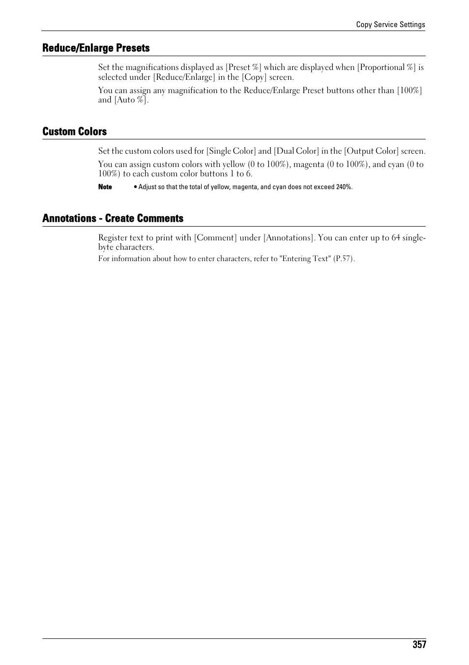 Reduce/enlarge presets, Custom colors, Annotations - create comments | Custom colors" (p.357), Reduce/enlarge presets" (p.357), Annotations - create comments" (p.357) | Dell C7765DN MFP Color Laser Printer User Manual | Page 357 / 831