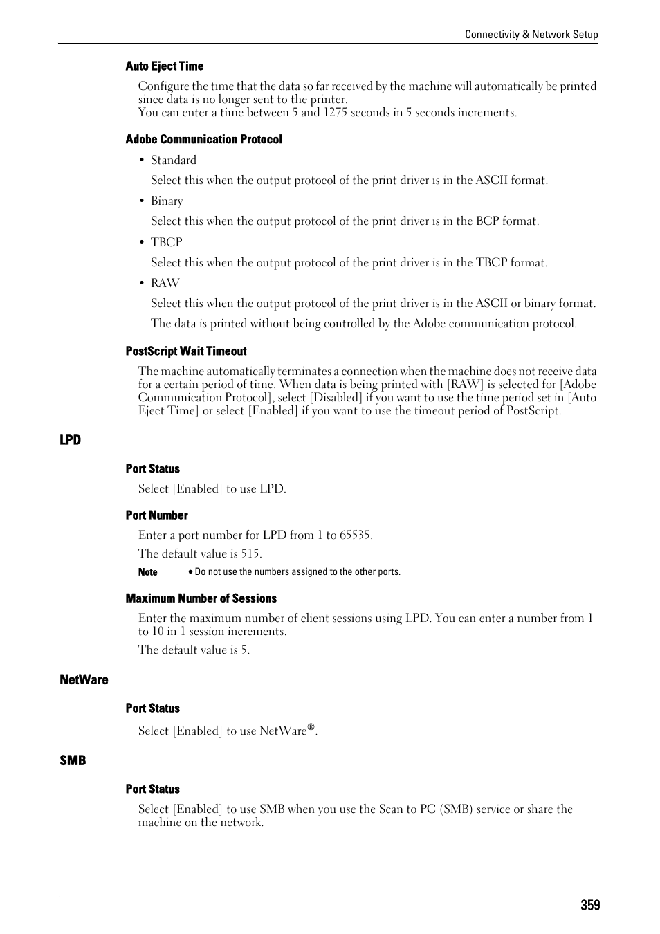 Lpd" (p.359), Netware" (p.359), Smb" (p.359) | Dell C7765DN MFP Color Laser Printer User Manual | Page 359 / 831