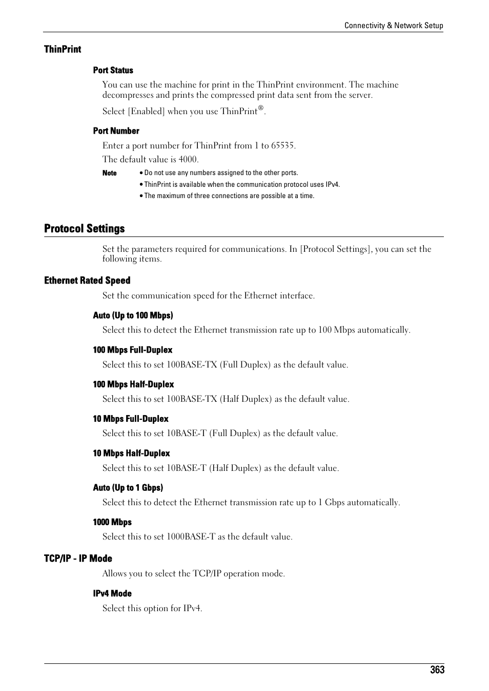 Protocol settings, Thinprint" (p.363), Protocol settings" (p.363) | Ethernet rated speed" (p.363), Tcp/ip - ip mode" (p.363) | Dell C7765DN MFP Color Laser Printer User Manual | Page 363 / 831