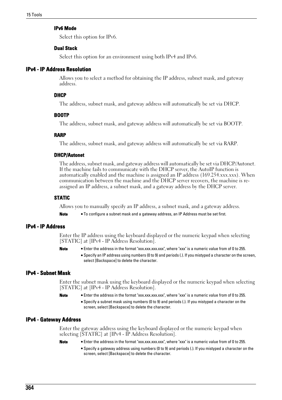 Ipv4 - ip address resolution" (p.364), Ipv4 - ip address" (p.364), Ipv4 - subnet mask" (p.364) | Ipv4 - gateway address" (p.364) | Dell C7765DN MFP Color Laser Printer User Manual | Page 364 / 831