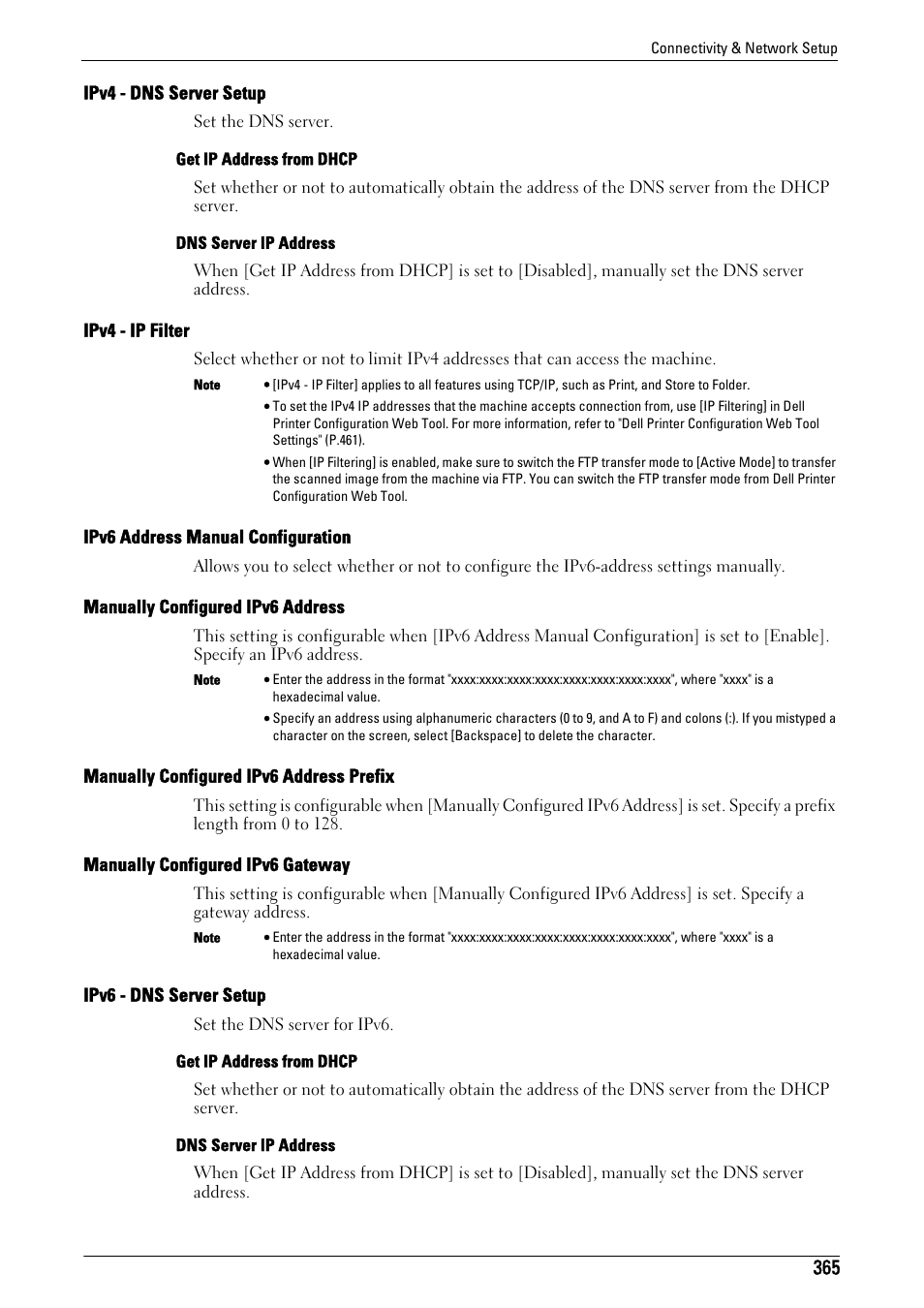 Ipv4 - dns server setup" (p.365), Ipv4 - ip filter" (p.365), Ipv6 address manual configuration" (p.365) | Manually configured ipv6 address" (p.365), Manually configured ipv6 address prefix" (p.365), Manually configured ipv6 gateway" (p.365), Ipv6 - dns server setup" (p.365) | Dell C7765DN MFP Color Laser Printer User Manual | Page 365 / 831