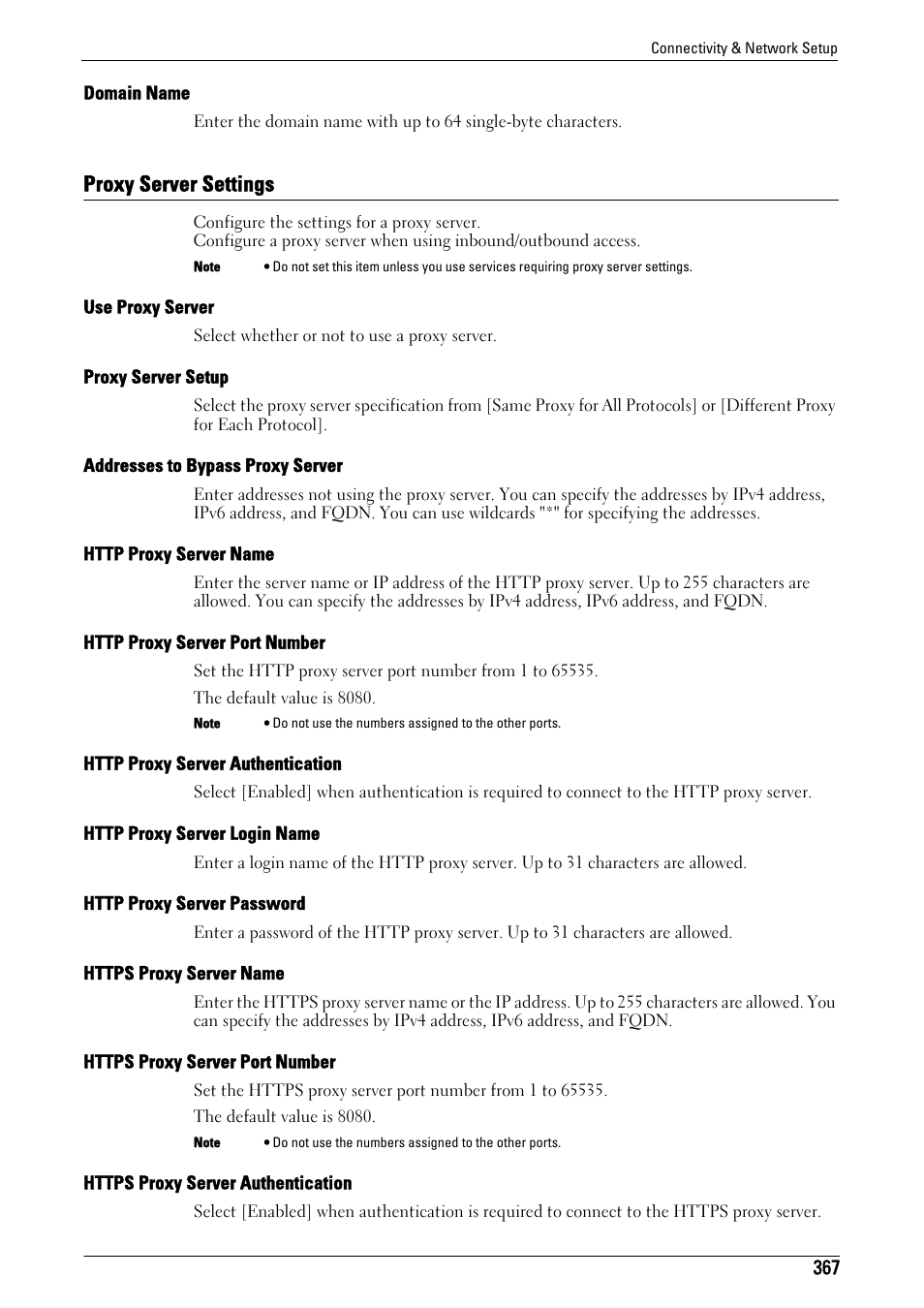 Proxy server settings, Domain name" (p.367), Proxy server settings" (p.367) | Use proxy server" (p.367), Proxy server setup" (p.367), Addresses to bypass proxy server" (p.367), Http proxy server name" (p.367), Http proxy server port number" (p.367), Http proxy server authentication" (p.367), Http proxy server login name" (p.367) | Dell C7765DN MFP Color Laser Printer User Manual | Page 367 / 831