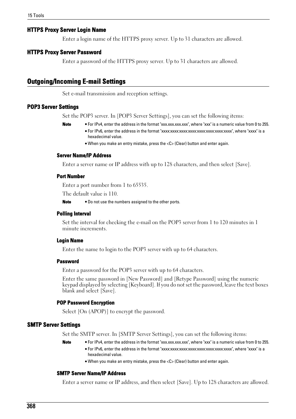 Outgoing/incoming e-mail settings, Https proxy server login name" (p.368), Https proxy server password" (p.368) | P.368), Pop3 server settings" (p.368), Smtp server settings" (p.368) | Dell C7765DN MFP Color Laser Printer User Manual | Page 368 / 831