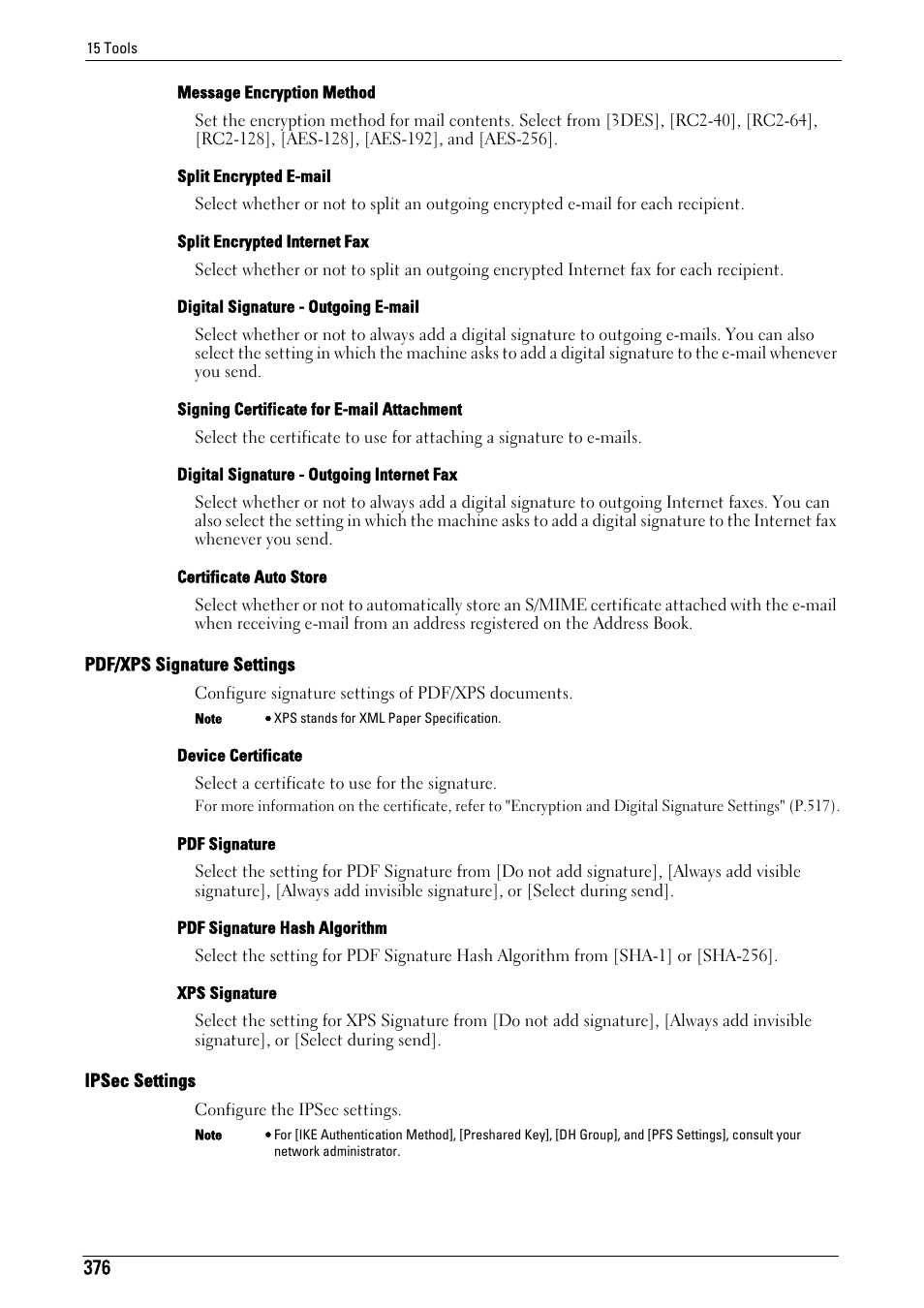 Pdf/xps signature settings" (p.376), Ipsec settings" (p.376) | Dell C7765DN MFP Color Laser Printer User Manual | Page 376 / 831