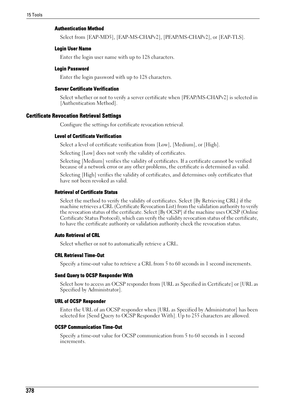 Certificate revocation retrieval settings" (p.378) | Dell C7765DN MFP Color Laser Printer User Manual | Page 378 / 831