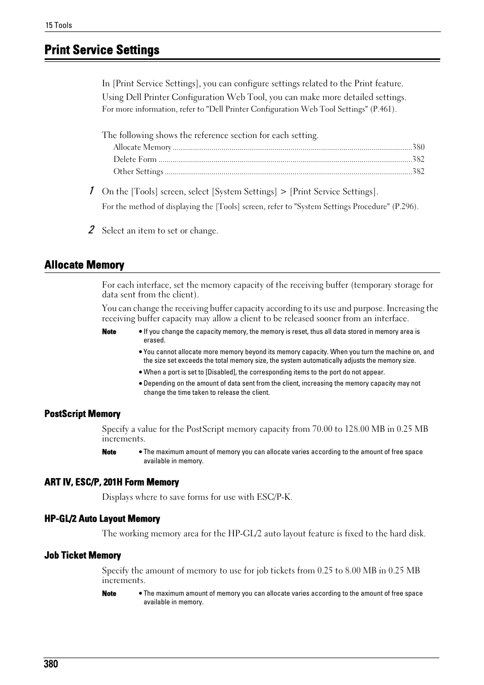Print service settings, Allocate memory, Print service settings" (p.380) | Allocate memory" (p.380), Postscript memory" (p.380), Art iv, esc/p, 201h form memory" (p.380), Hp-gl/2 auto layout memory" (p.380), Job ticket memory" (p.380) | Dell C7765DN MFP Color Laser Printer User Manual | Page 380 / 831