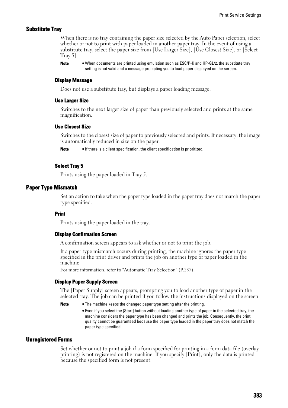 Substitute tray" (p.383), Paper type mismatch" (p.383), Unregistered forms" (p.383) | Dell C7765DN MFP Color Laser Printer User Manual | Page 383 / 831