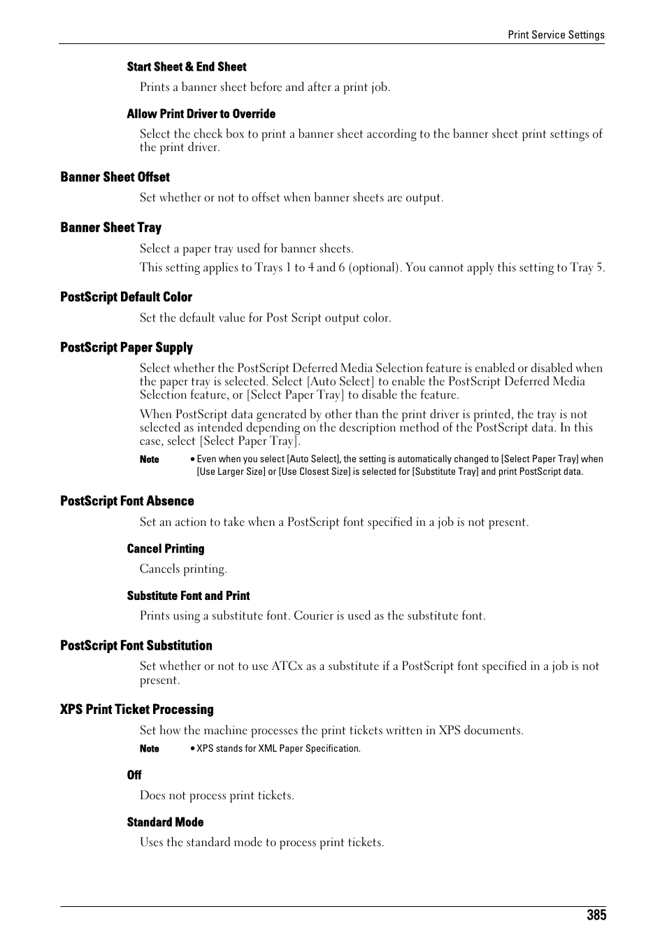Banner sheet offset" (p.385), Banner sheet tray" (p.385), Postscript default color" (p.385) | Postscript paper supply" (p.385), Postscript font absence" (p.385), Postscript font substitution" (p.385), Xps print ticket processing" (p.385) | Dell C7765DN MFP Color Laser Printer User Manual | Page 385 / 831