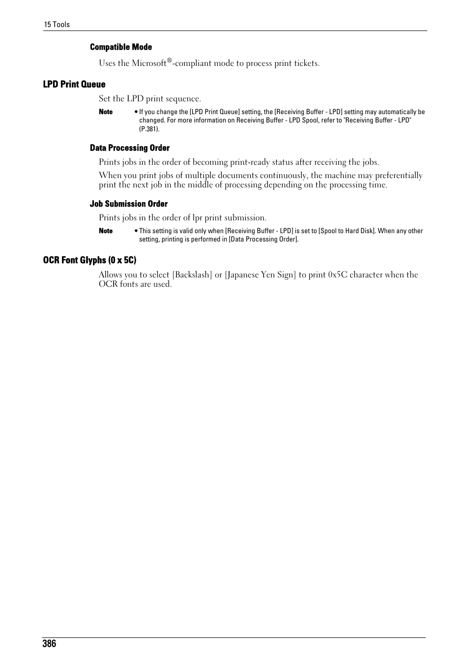 Lpd print queue" (p.386), Ocr font glyphs (0 x 5c)" (p.386) | Dell C7765DN MFP Color Laser Printer User Manual | Page 386 / 831