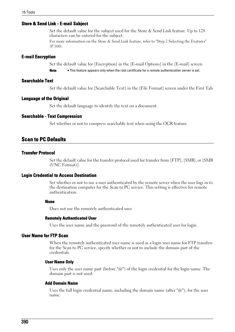 Scan to pc defaults, Store & send link - e-mail subject" (p.390), E-mail encryption" (p.390) | Searchable text" (p.390), Language of the original" (p.390), Searchable - text compression" (p.390), Scan to pc defaults" (p.390), Transfer protocol" (p.390), Login credential to access destination" (p.390), User name for ftp scan" (p.390) | Dell C7765DN MFP Color Laser Printer User Manual | Page 390 / 831