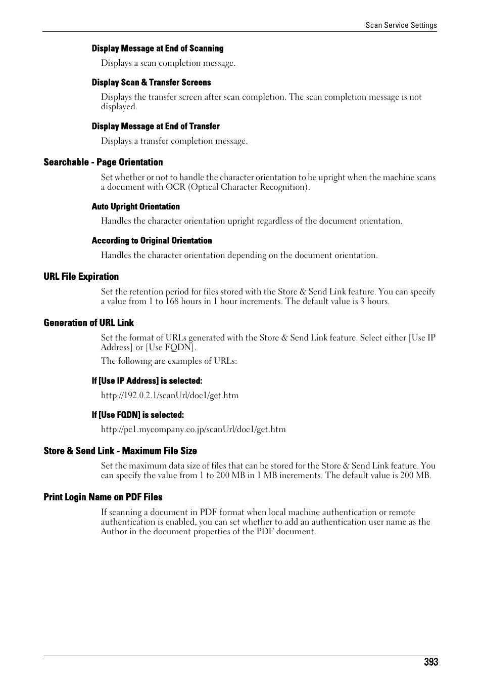 Url file expiration" (p.393), Generation of url link" (p.393), Store & send link - maximum file size" (p.393) | Print login name on pdf files" (p.393) | Dell C7765DN MFP Color Laser Printer User Manual | Page 393 / 831