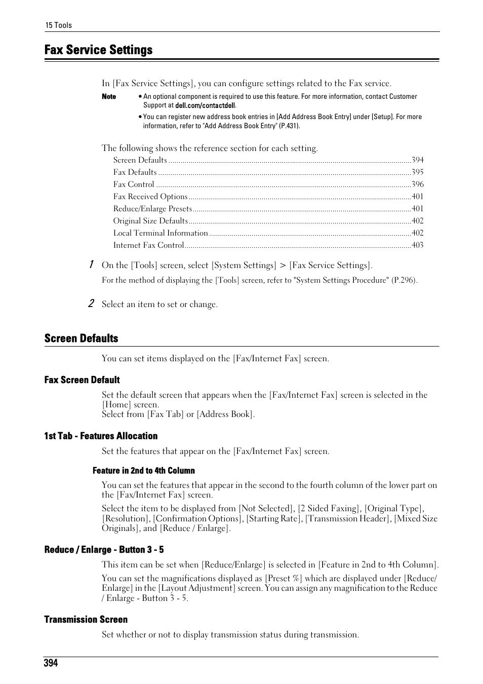 Fax service settings, Screen defaults, To "fax service settings" (p.394) | Screen defaults" (p.394), Fax screen default" (p.394), 1st tab - features allocation" (p.394), Reduce / enlarge - button 3 - 5" (p.394), Transmission screen" (p.394), And "fax service settings" (p.394) | Dell C7765DN MFP Color Laser Printer User Manual | Page 394 / 831