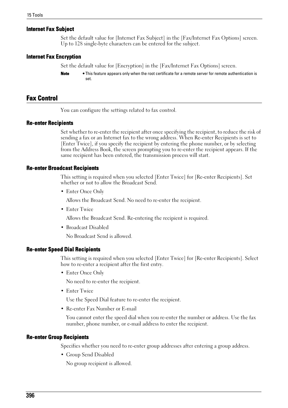 Fax control, Internet fax subject" (p.396), Internet fax encryption" (p.396) | Fax control" (p.396), Re-enter recipients" (p.396), Re-enter broadcast recipients" (p.396), Re-enter speed dial recipients" (p.396), Re-enter group recipients" (p.396) | Dell C7765DN MFP Color Laser Printer User Manual | Page 396 / 831