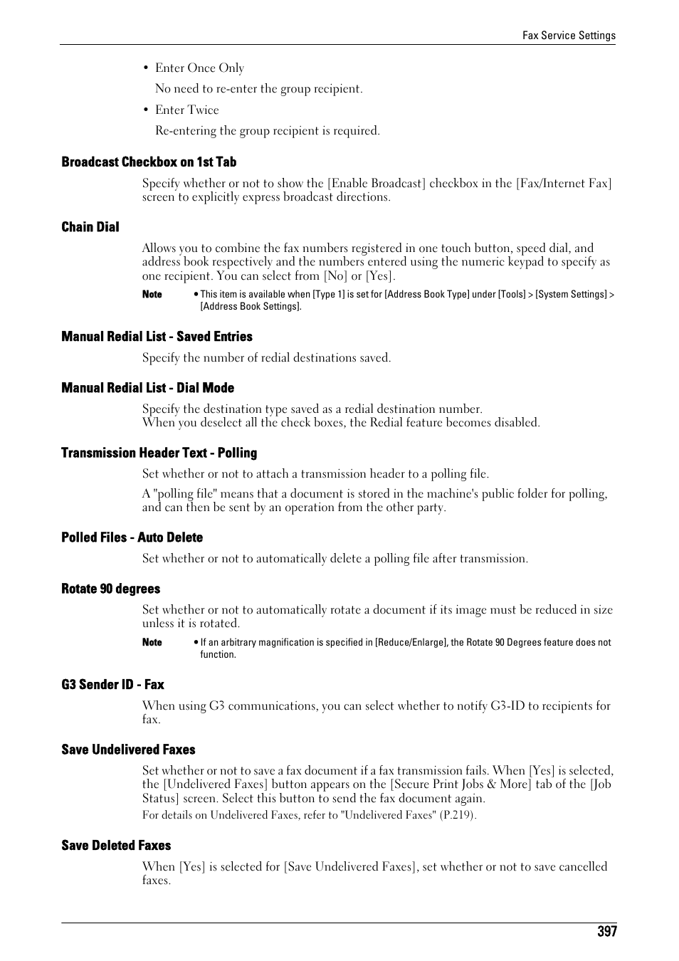 Broadcast checkbox on 1st tab" (p.397), Chain dial" (p.397), Manual redial list - saved entries" (p.397) | Manual redial list - dial mode" (p.397), Transmission header text - polling" (p.397), Polled files - auto delete" (p.397), Rotate 90 degrees" (p.397), G3 sender id - fax" (p.397), Save undelivered faxes" (p.397), Save deleted faxes" (p.397) | Dell C7765DN MFP Color Laser Printer User Manual | Page 397 / 831